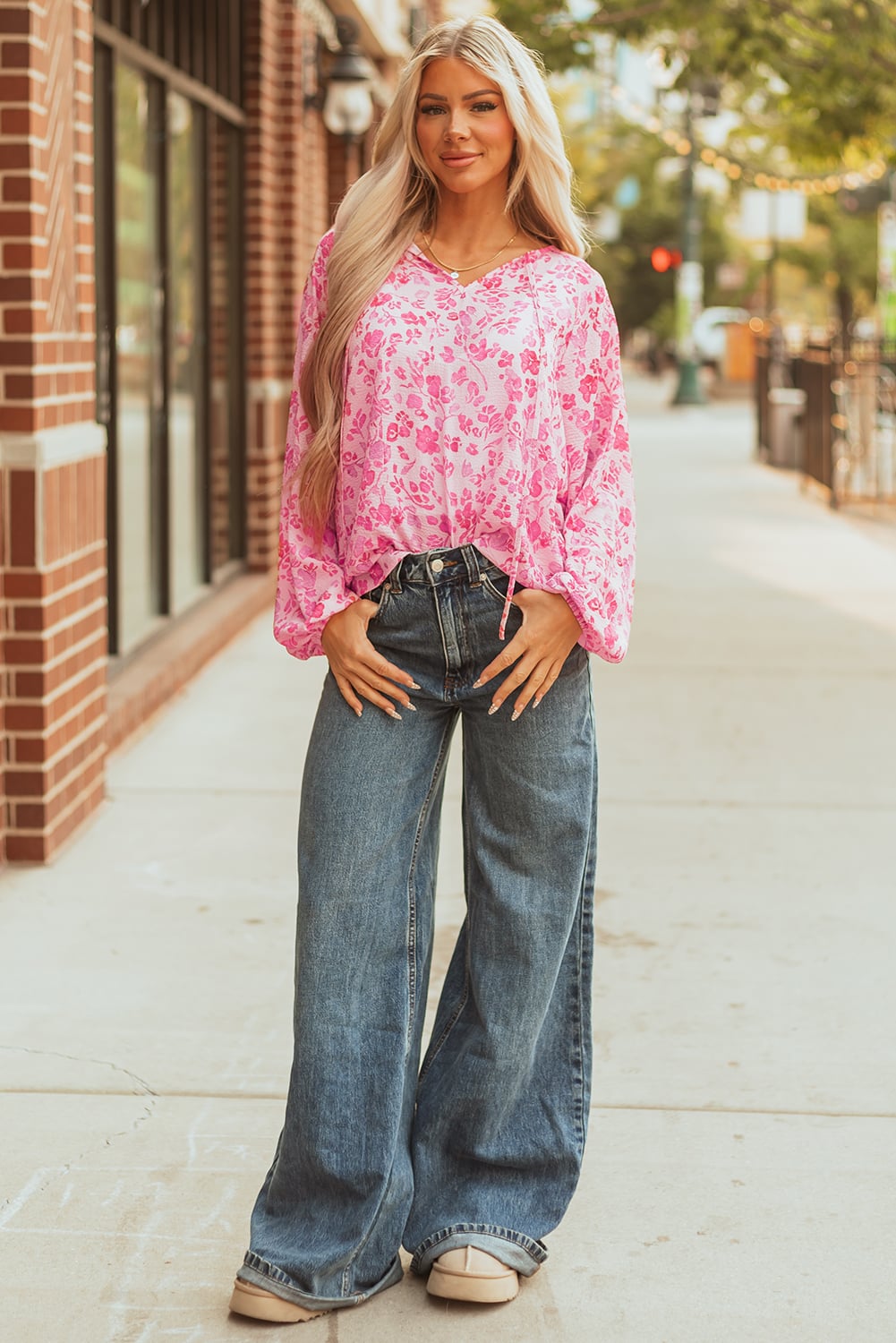 Pink Floral Puff Sleeve Split Neck Lightweight Blouse