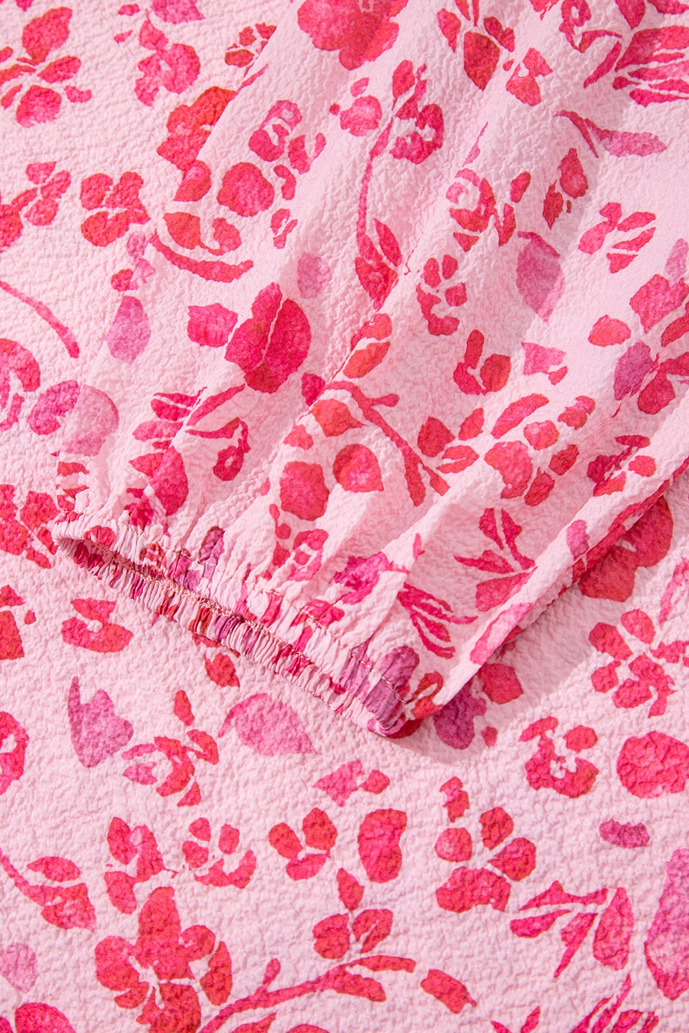 Pink Floral Puff Sleeve Split Neck Lightweight Blouse