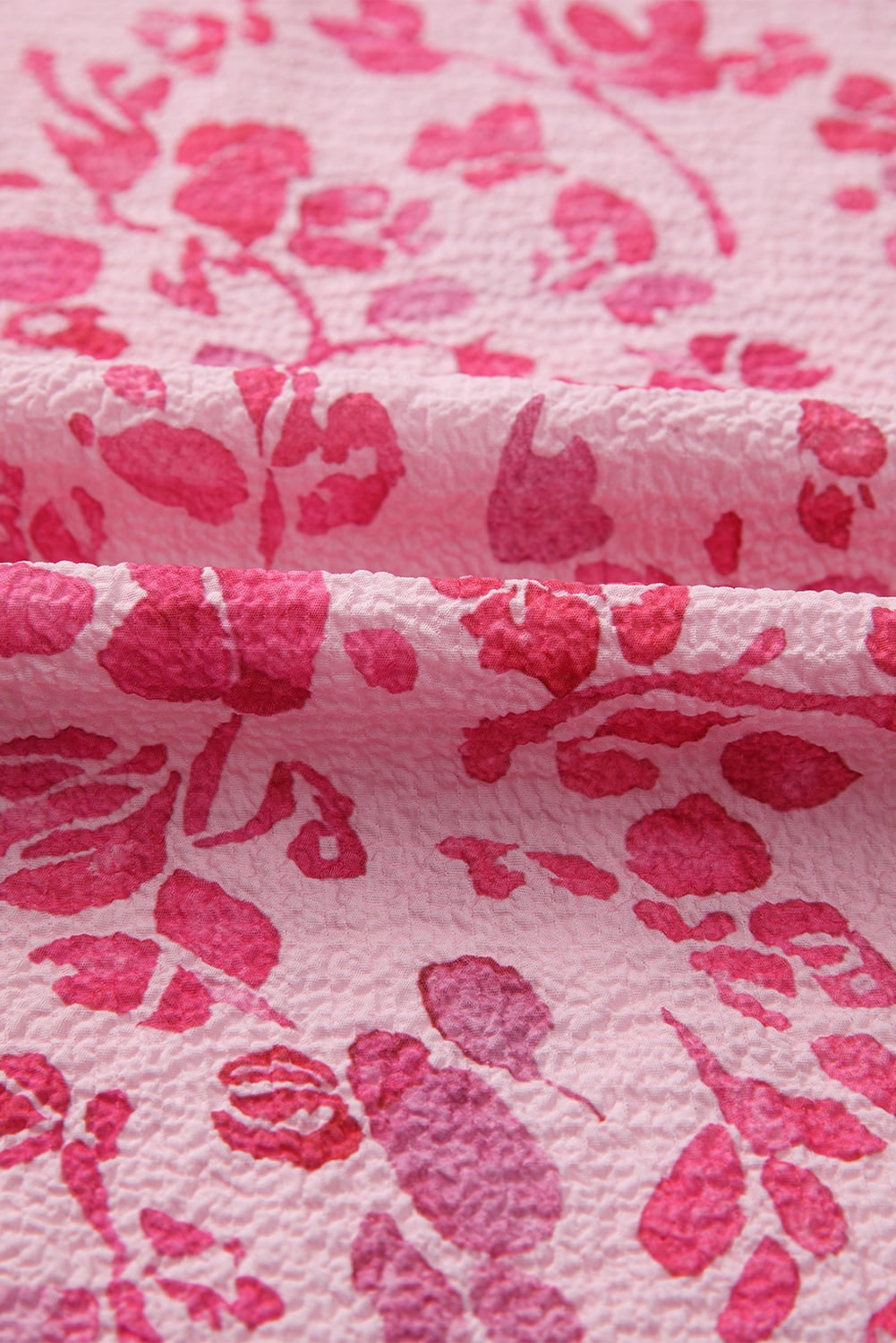 Pink Floral Puff Sleeve Split Neck Lightweight Blouse