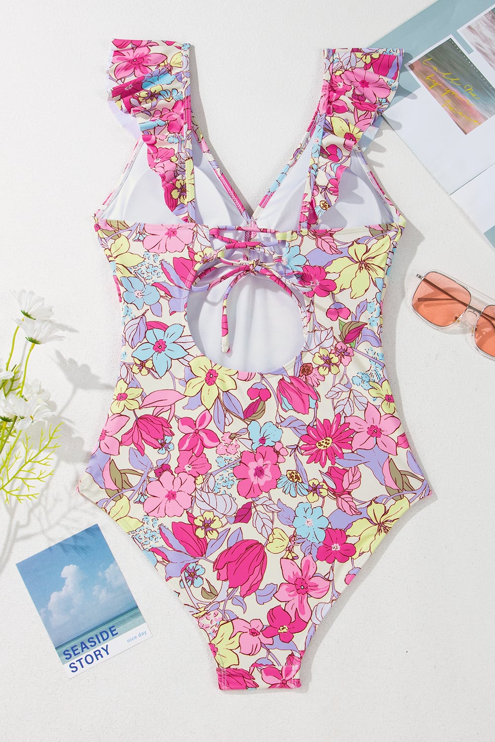 Pink Floral Ruffle Trim V Neck Lace-up Back Tummy Control One Piece Swimsuit