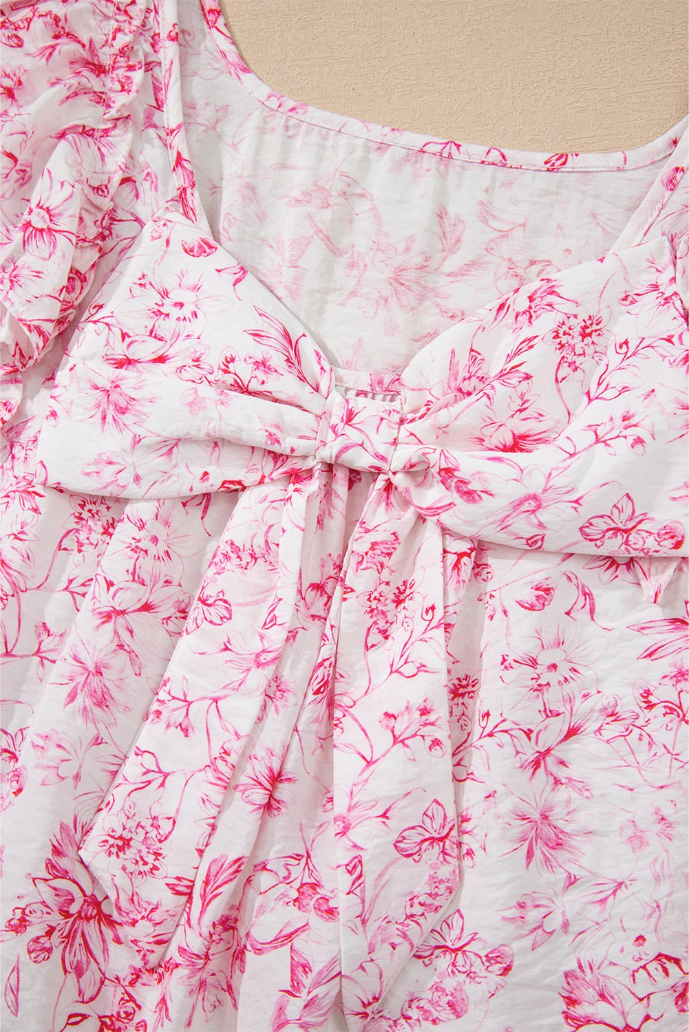 Pink Floral Ruffled Short Sleeve Bow Back Square Neck Blouse