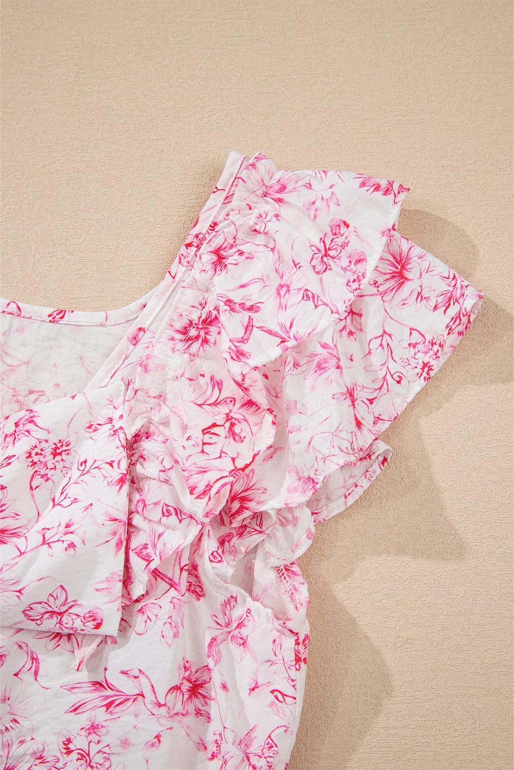 Pink Floral Ruffled Short Sleeve Bow Back Square Neck Blouse
