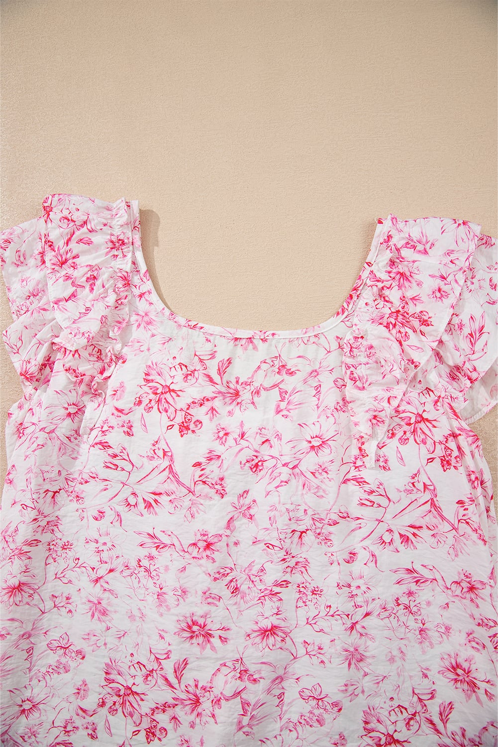 Pink Floral Ruffled Short Sleeve Bow Back Square Neck Blouse