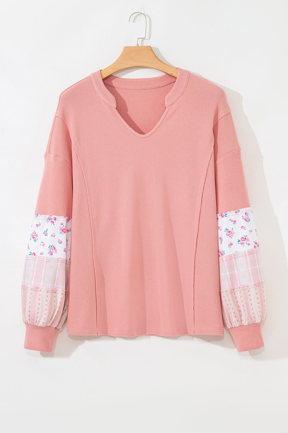 Pink Floral Sleeve Patchwork Waffle Knit Notched V Neck Plus Size Top