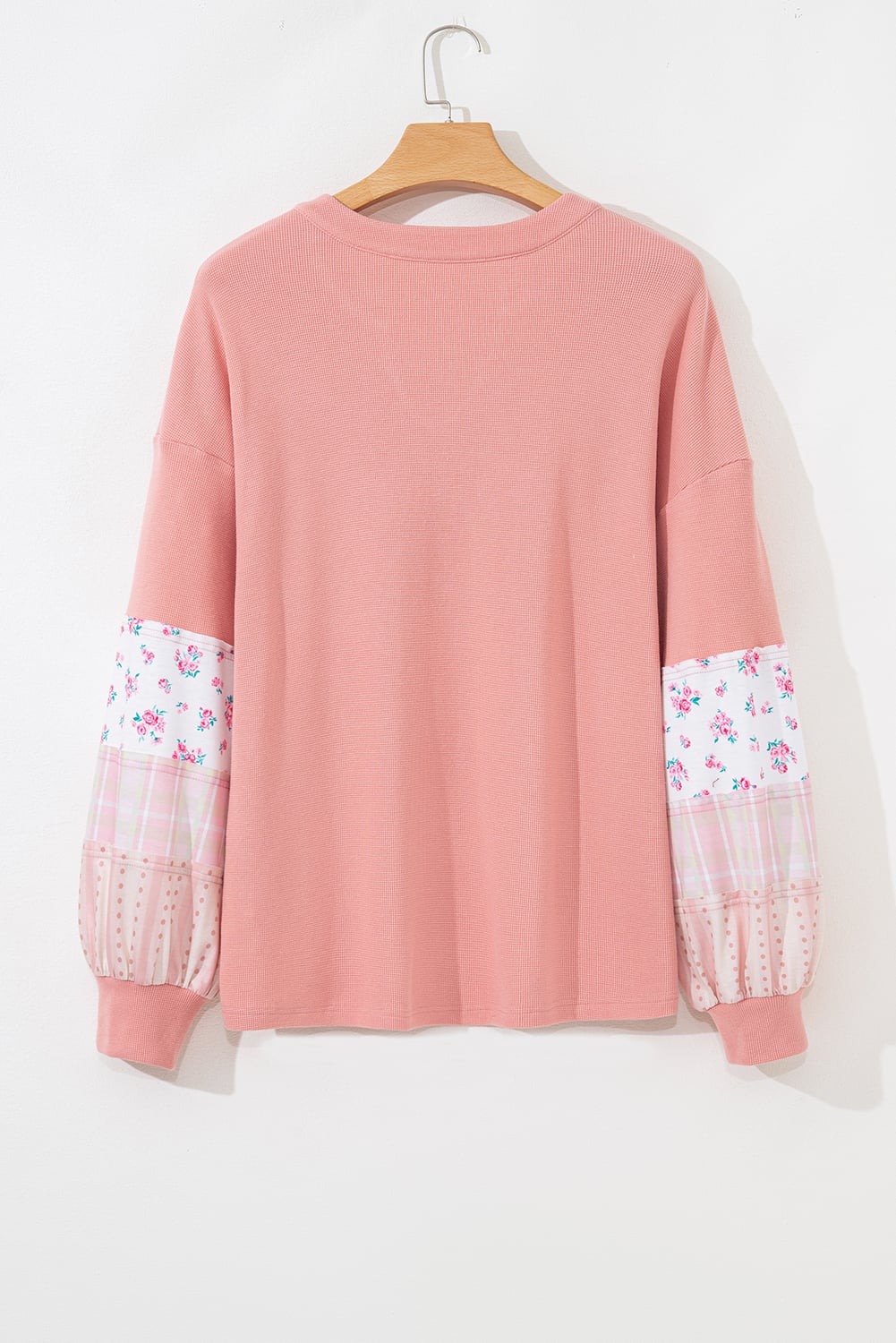 Pink Floral Sleeve Patchwork Waffle Knit Notched V Neck Plus Size Top