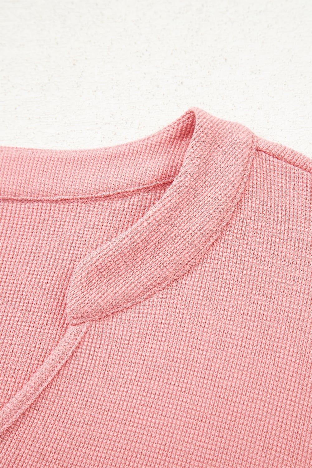 Pink Floral Sleeve Patchwork Waffle Knit Notched V Neck Plus Size Top