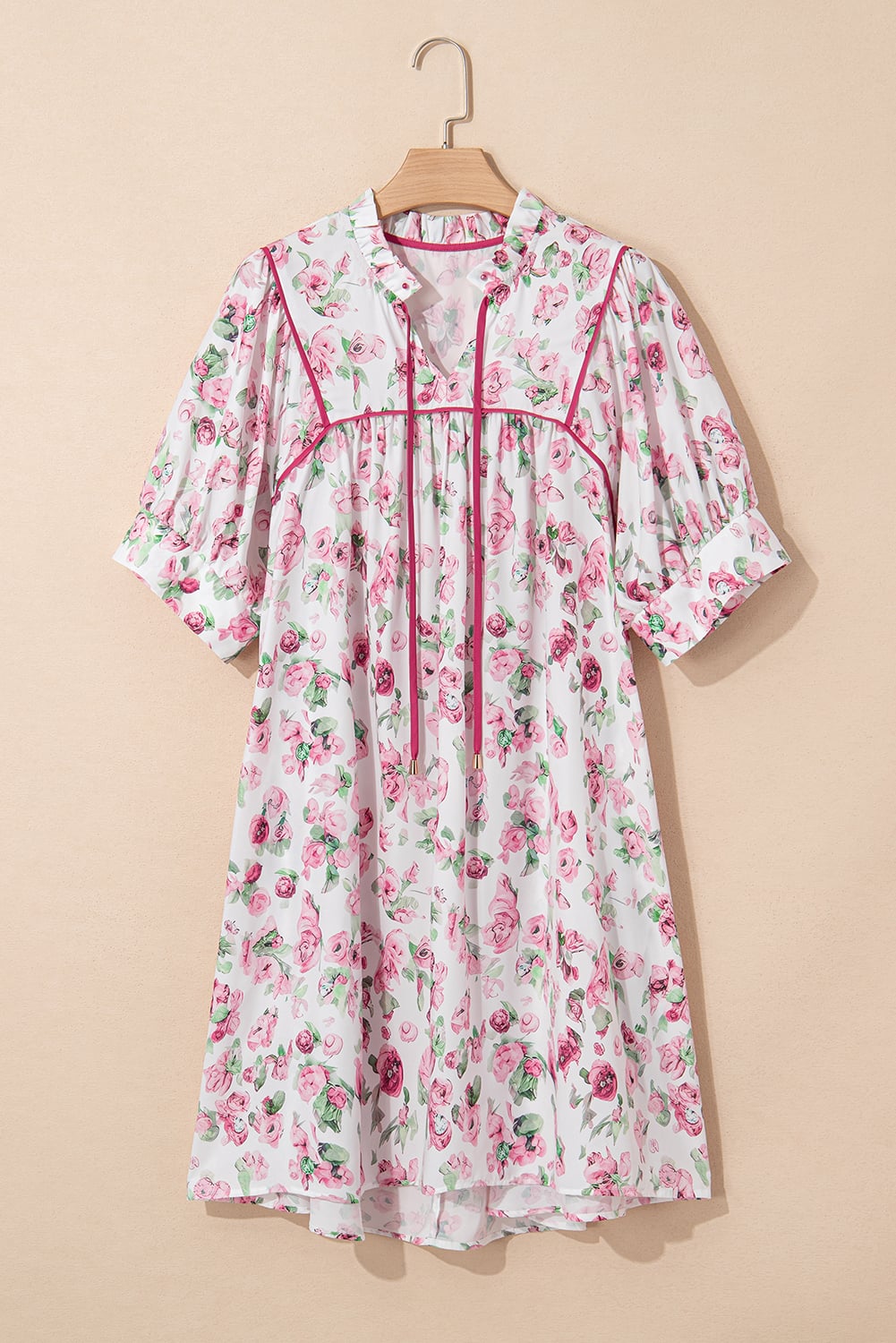 Pink Floral Split Neck Short Sleeve Loose Plus Size Mini Dress