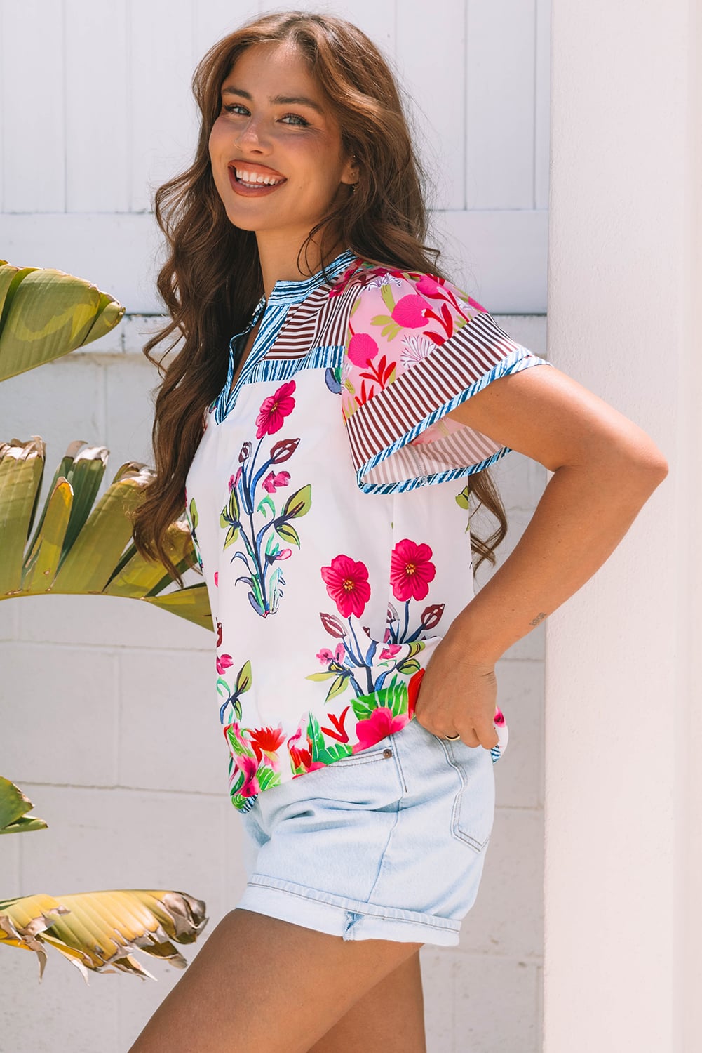 Pink Floral Striped Patchwork Short Sleeve Split Neck Blouse