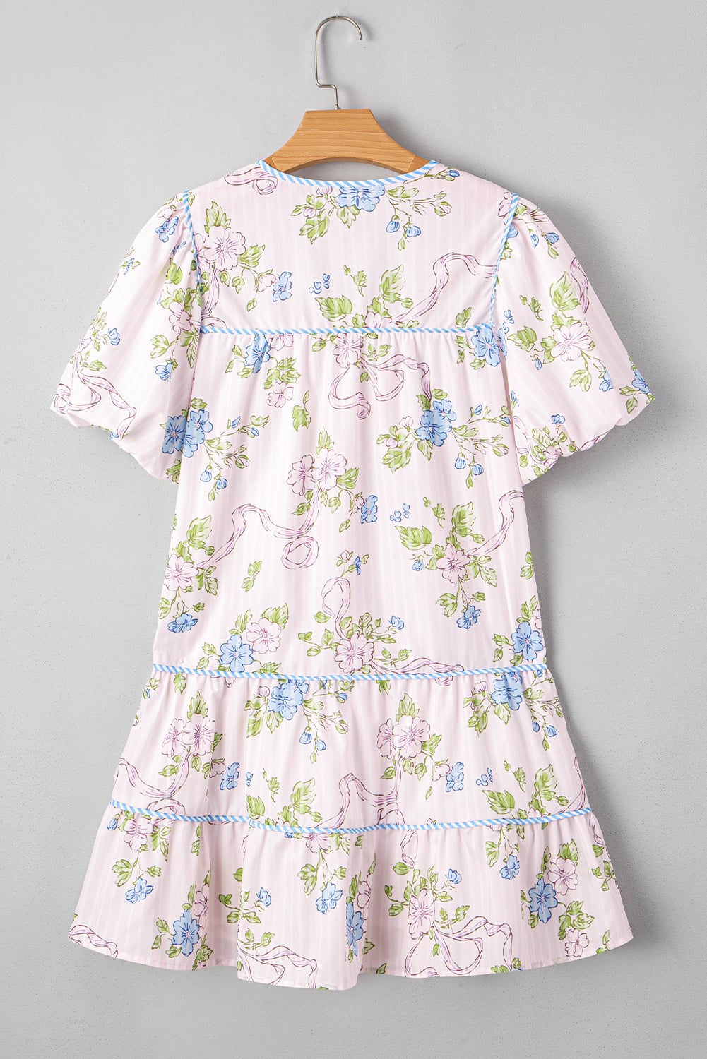Pink Floral Striped Print Contrast Trim Tie Split Neck Mini Dress