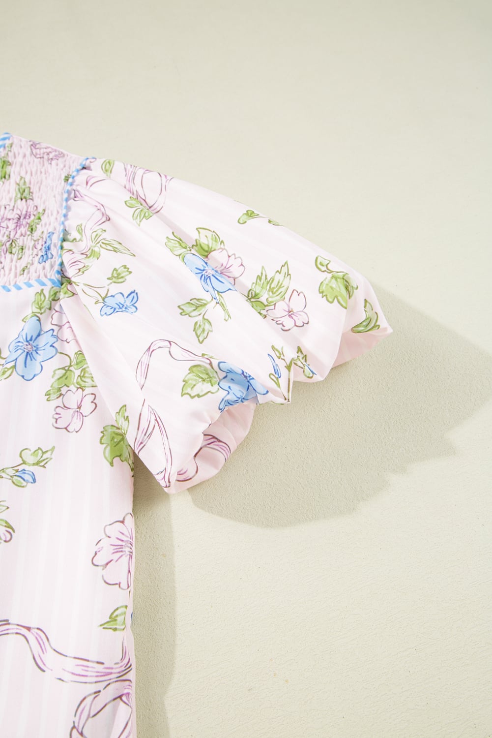 Pink Floral Striped Print Contrast Trim Tie Split Neck Mini Dress