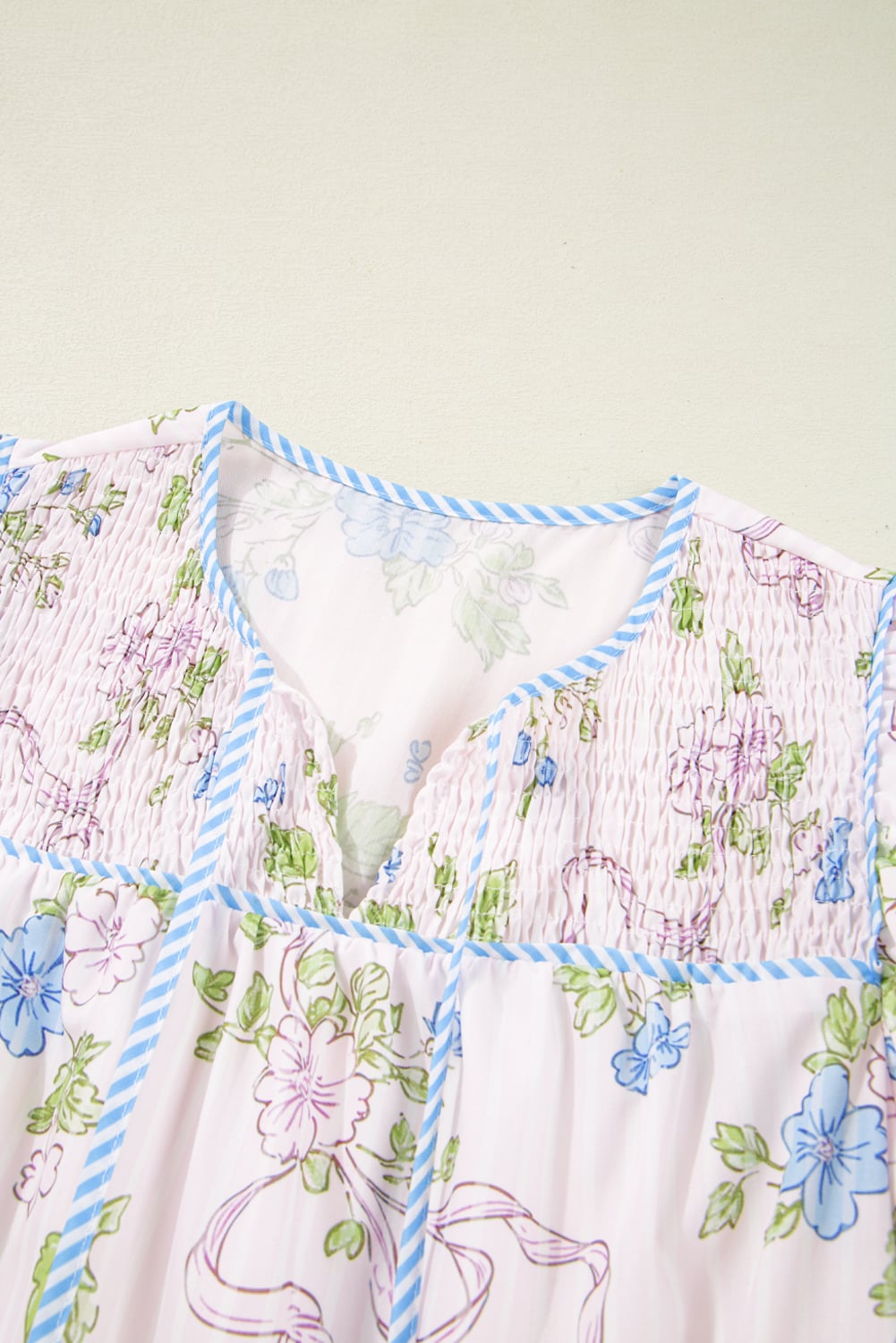 Pink Floral Striped Print Contrast Trim Tie Split Neck Mini Dress