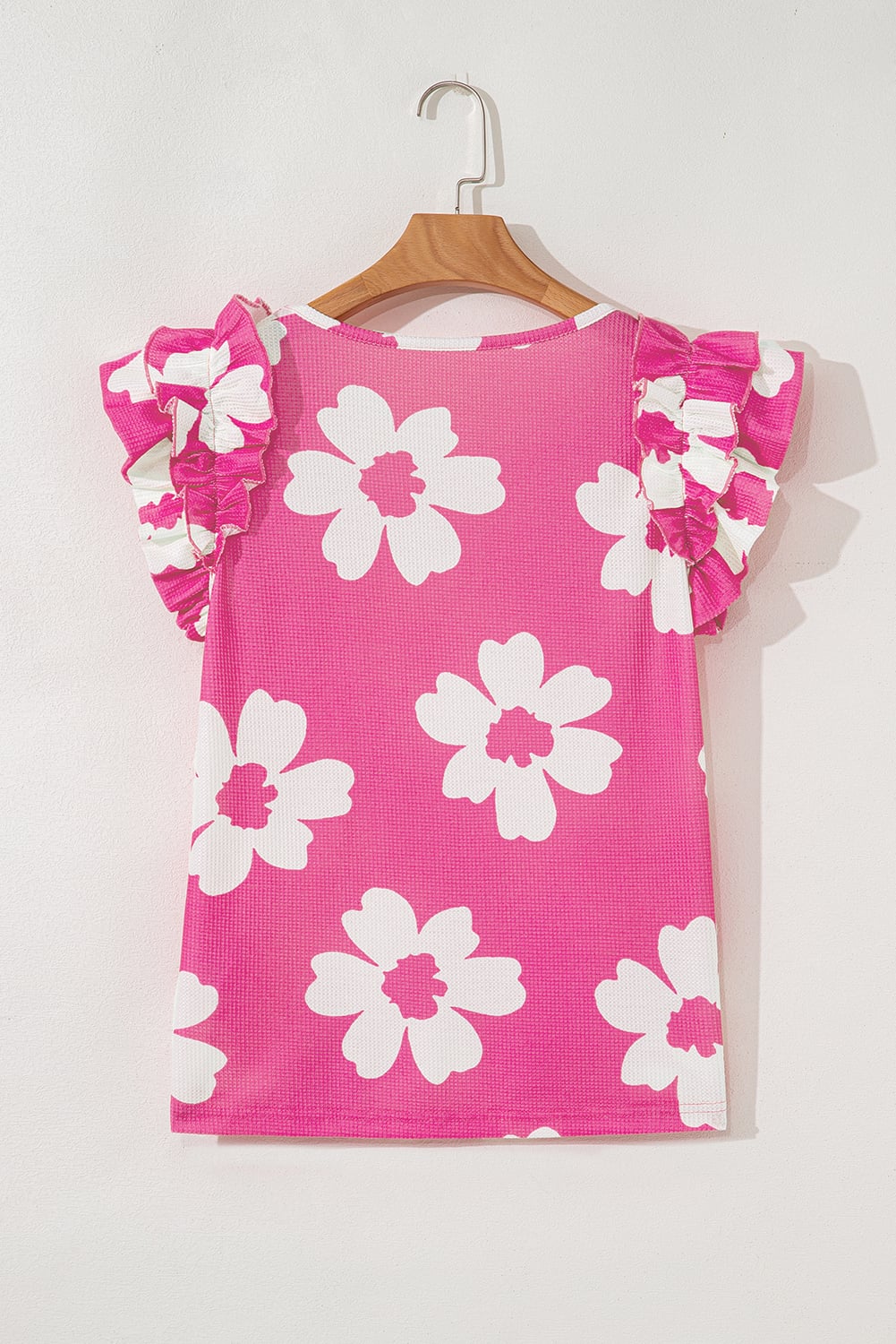Pink Floral Textured Ruffled Short Sleeve Square Neck Blouse