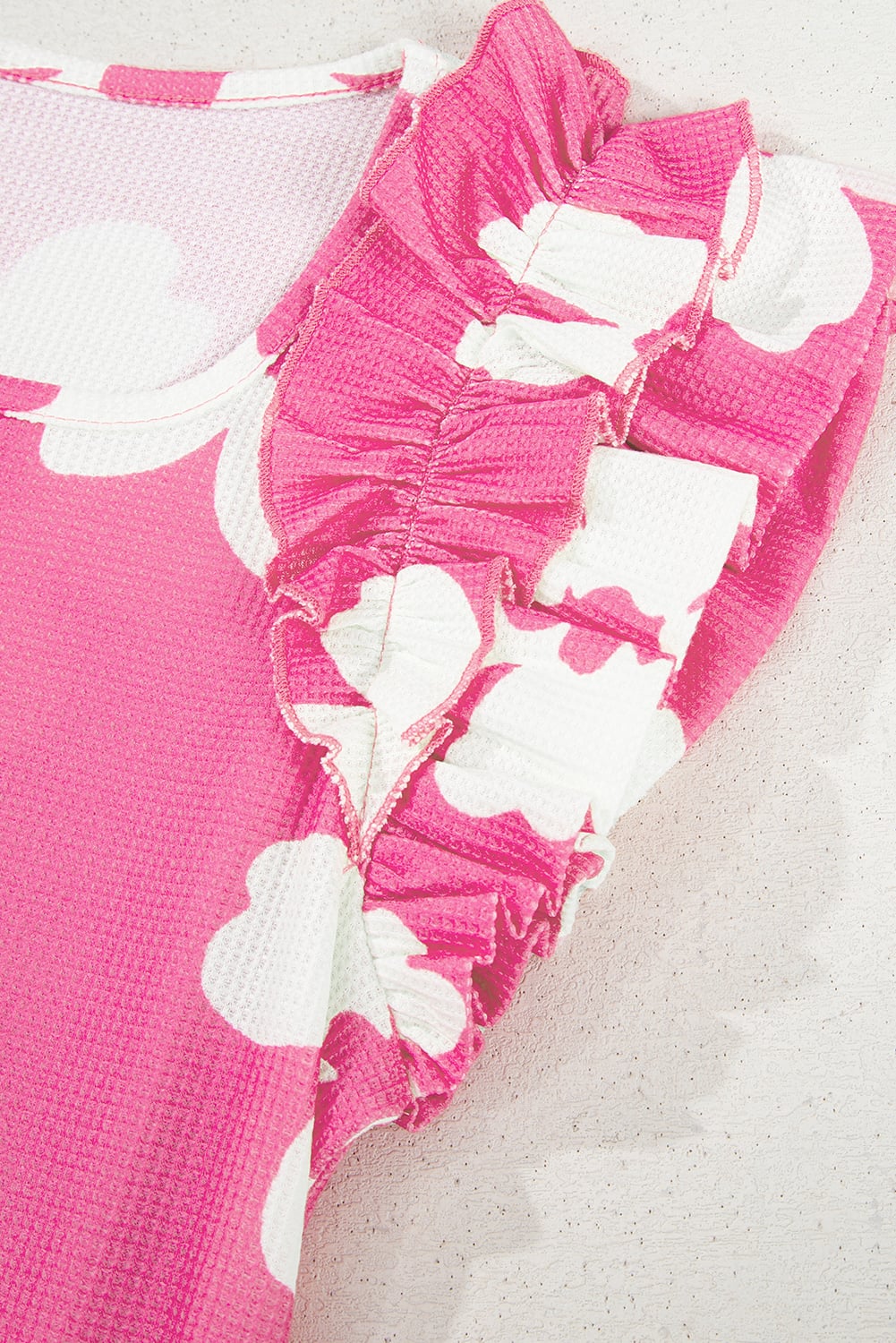 Pink Floral Textured Ruffled Short Sleeve Square Neck Blouse