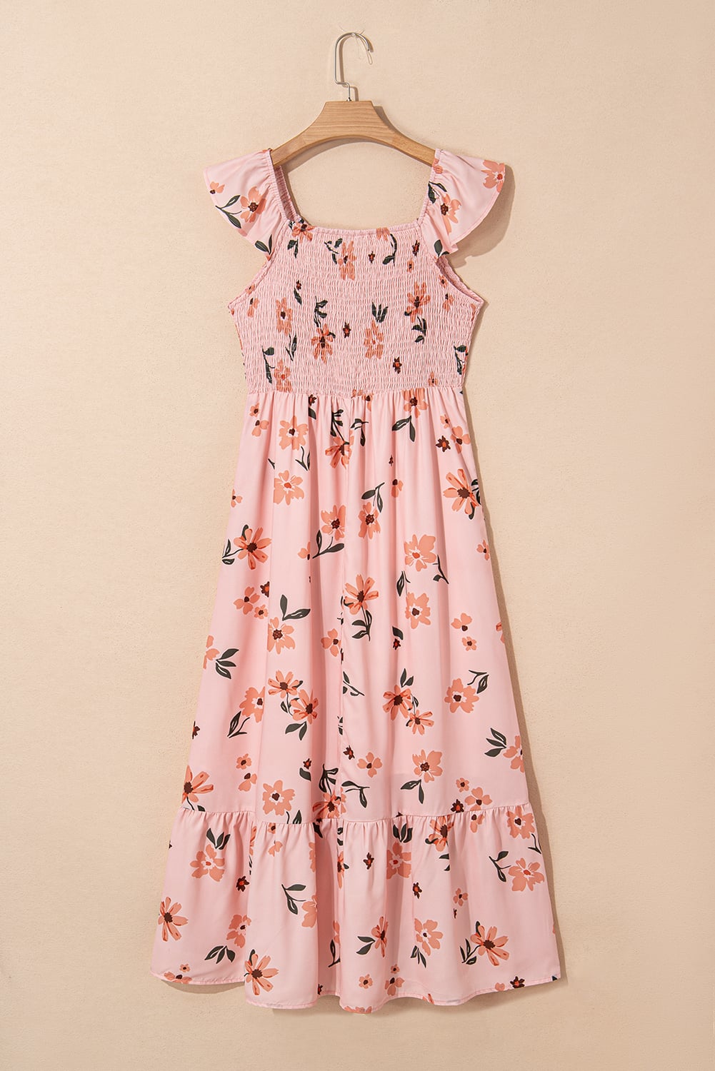 Pink Floral V Neck Smocked High Waist Ruffle Hem Long Dress