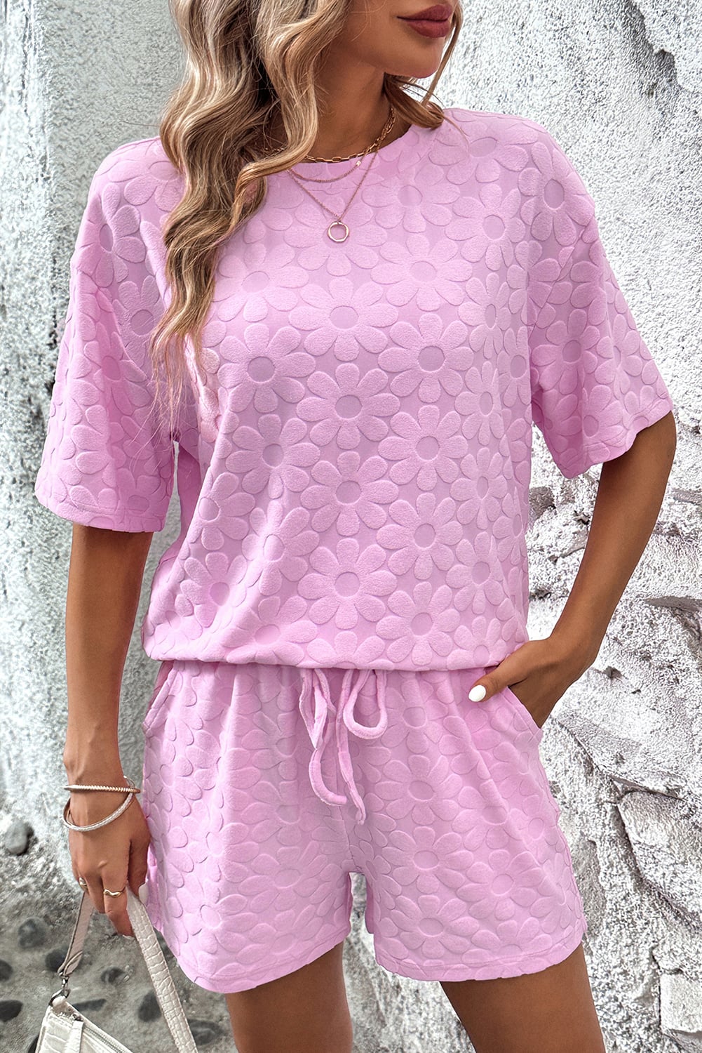 Pink Flower Embossed Texture Short 2pcs Outfit