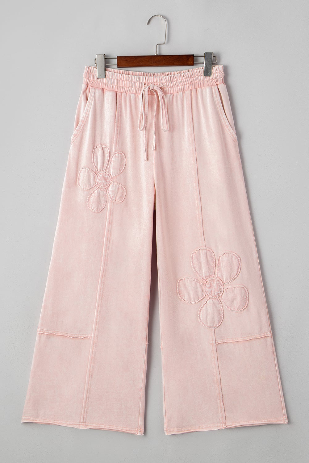 Pink Flower Patch Mineral Washed Terry Knit Cropped Wide Leg Pants