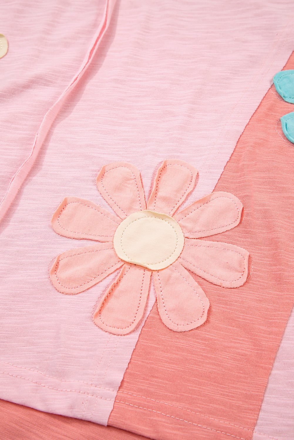 Pink Flower Patched Exposed Seam Bracelet Sleeve Oversized T Shirt