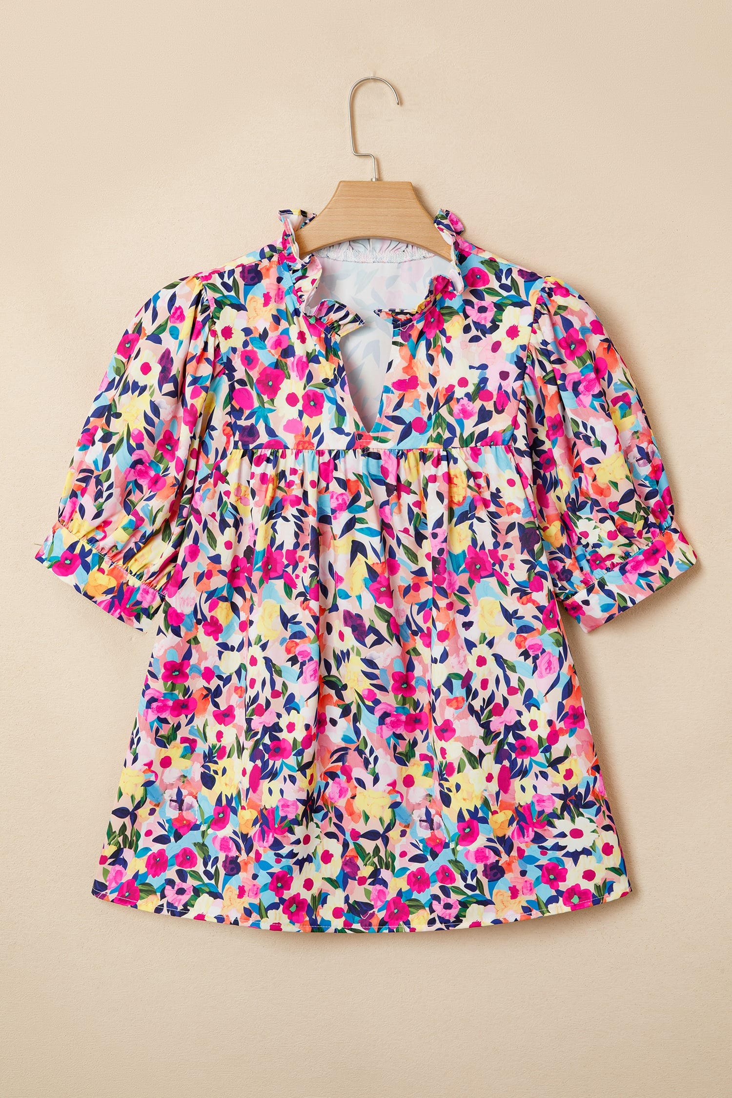 Pink Flower Print Frilled Collar Short Puff Sleeve Summer Blouse