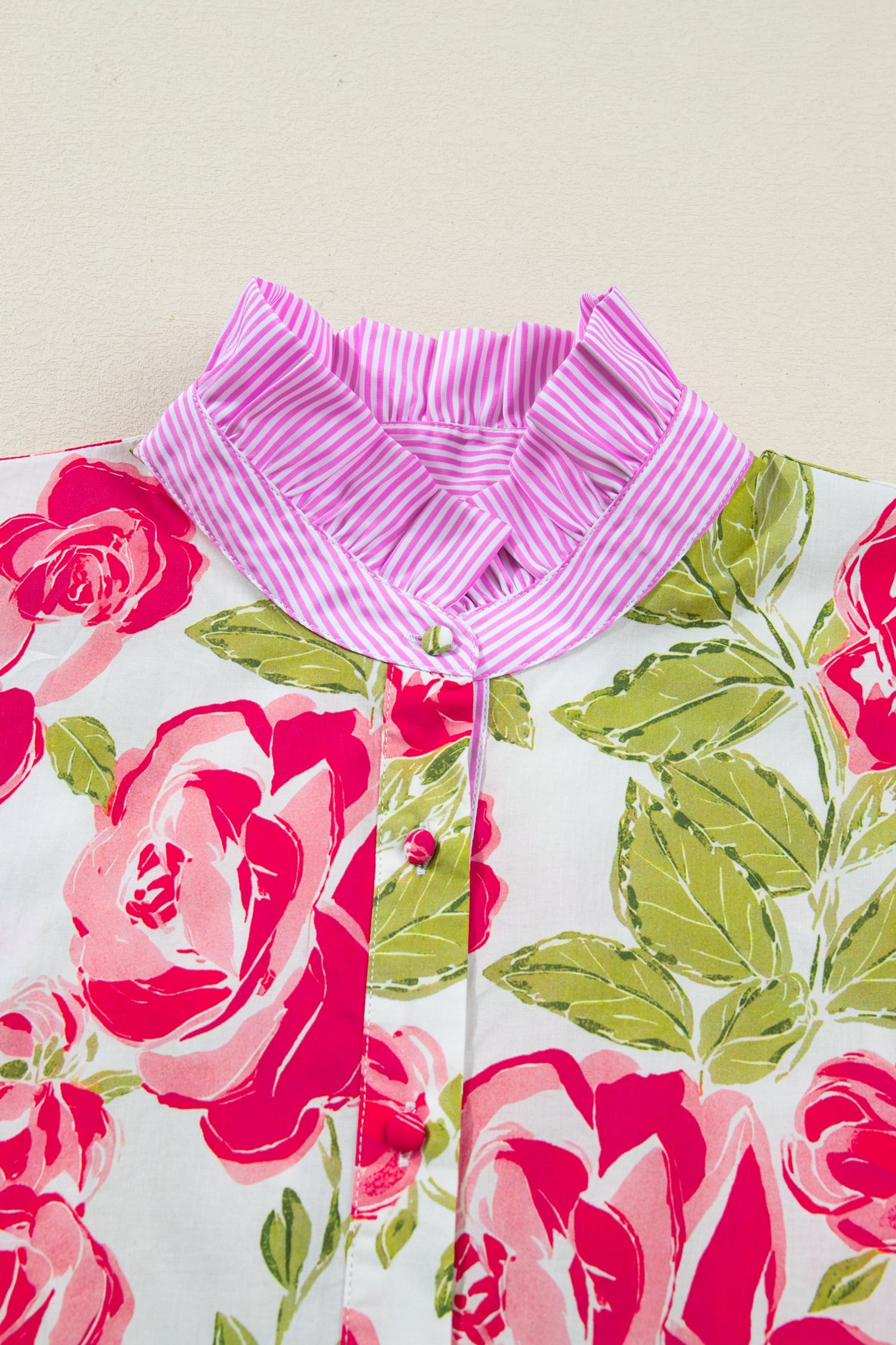 Pink Flower Print Striped Trim Frilled Collar Short Sleeve Shirt