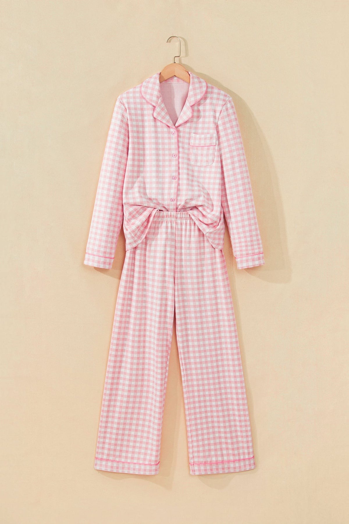 Pink Gingham Long Sleeve Lapel Shirt 2pcs Pajama Pant Set