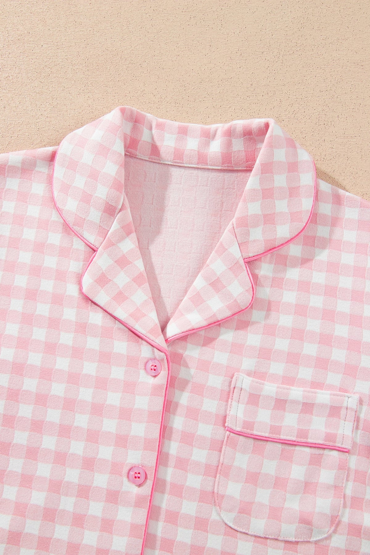 Pink Gingham Long Sleeve Lapel Shirt 2pcs Pajama Pant Set