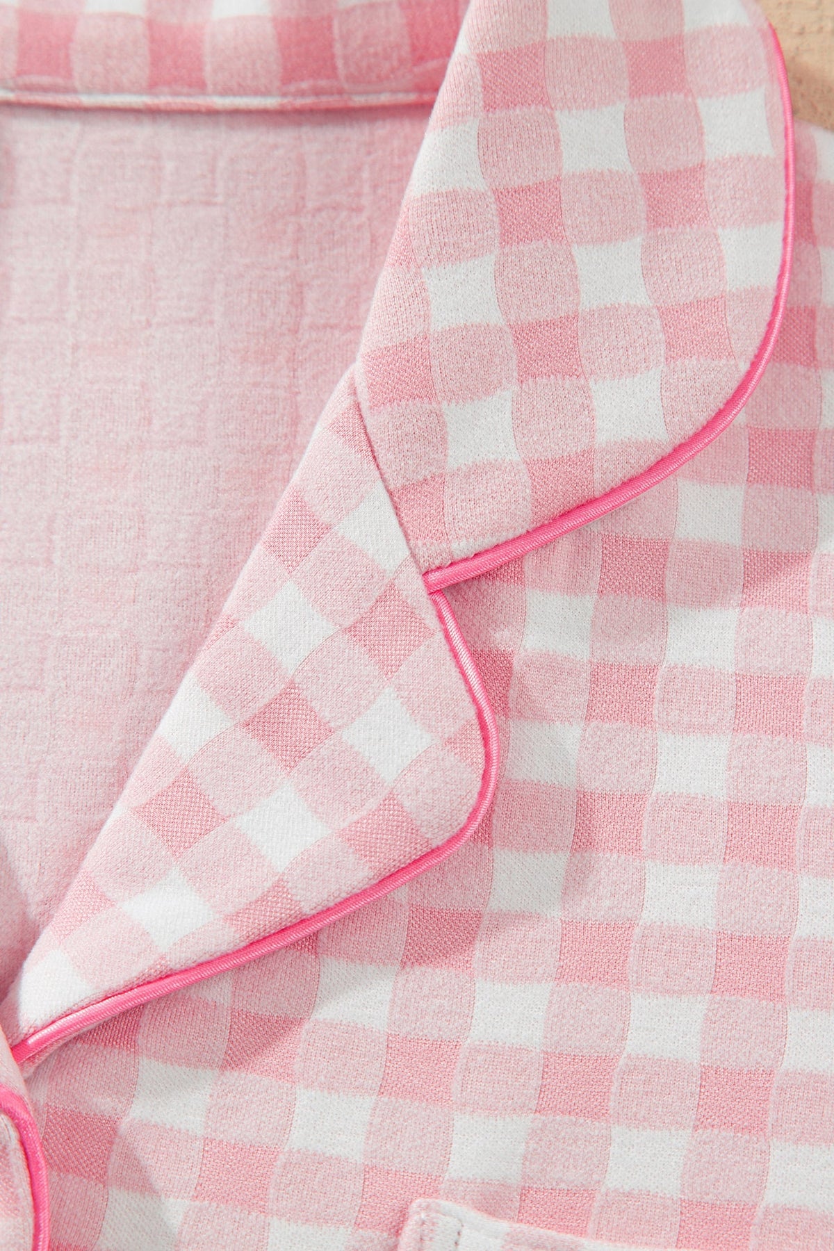 Pink Gingham Long Sleeve Lapel Shirt 2pcs Pajama Pant Set