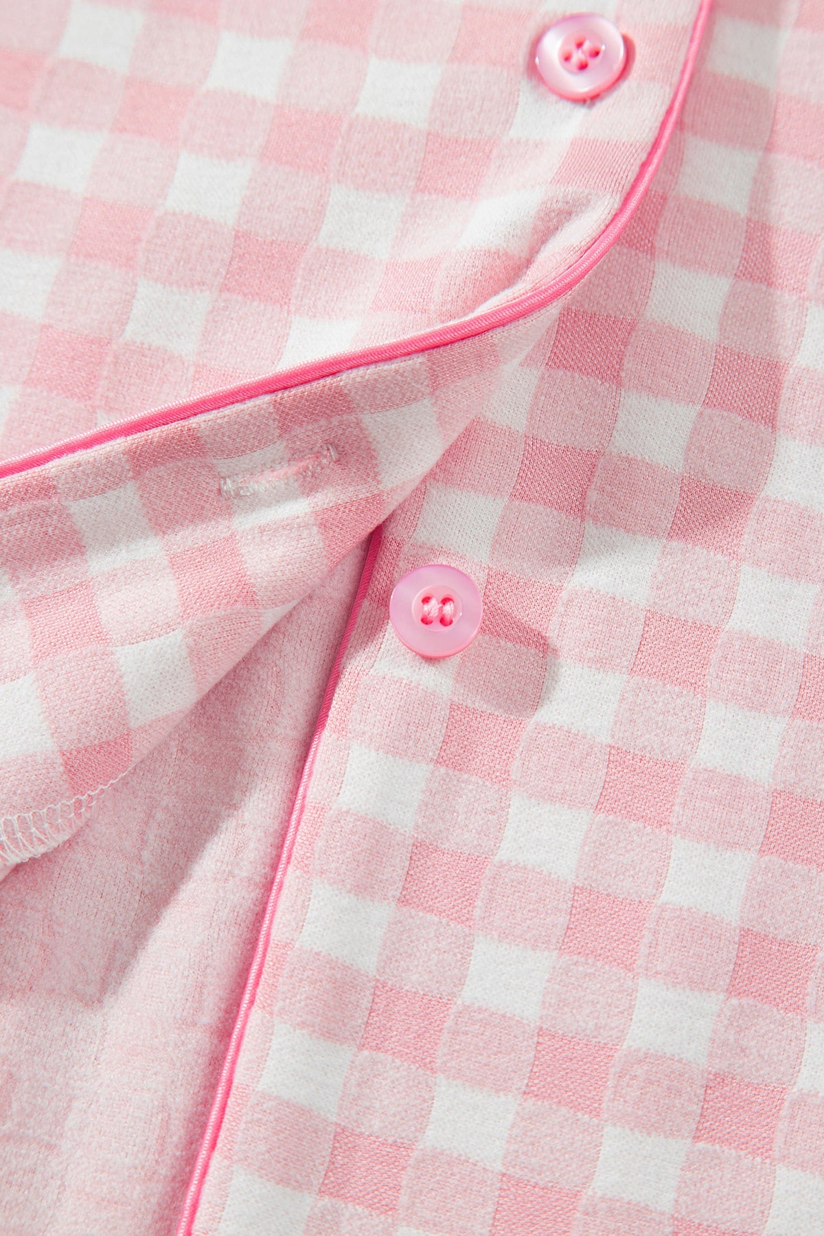 Pink Gingham Long Sleeve Lapel Shirt 2pcs Pajama Pant Set