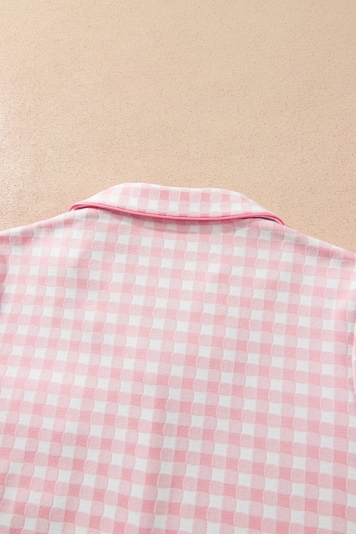 Pink Gingham Long Sleeve Lapel Shirt 2pcs Pajama Pant Set