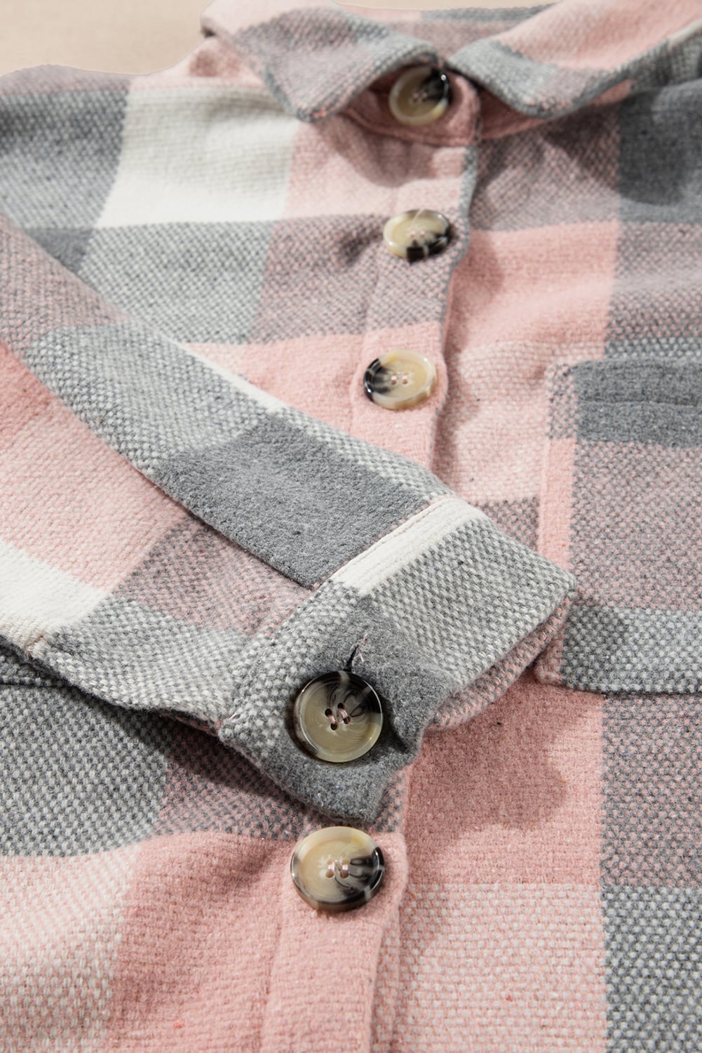 Pink Gray Plaid Color Block Buttoned Long Sleeve Jacket with Pocket