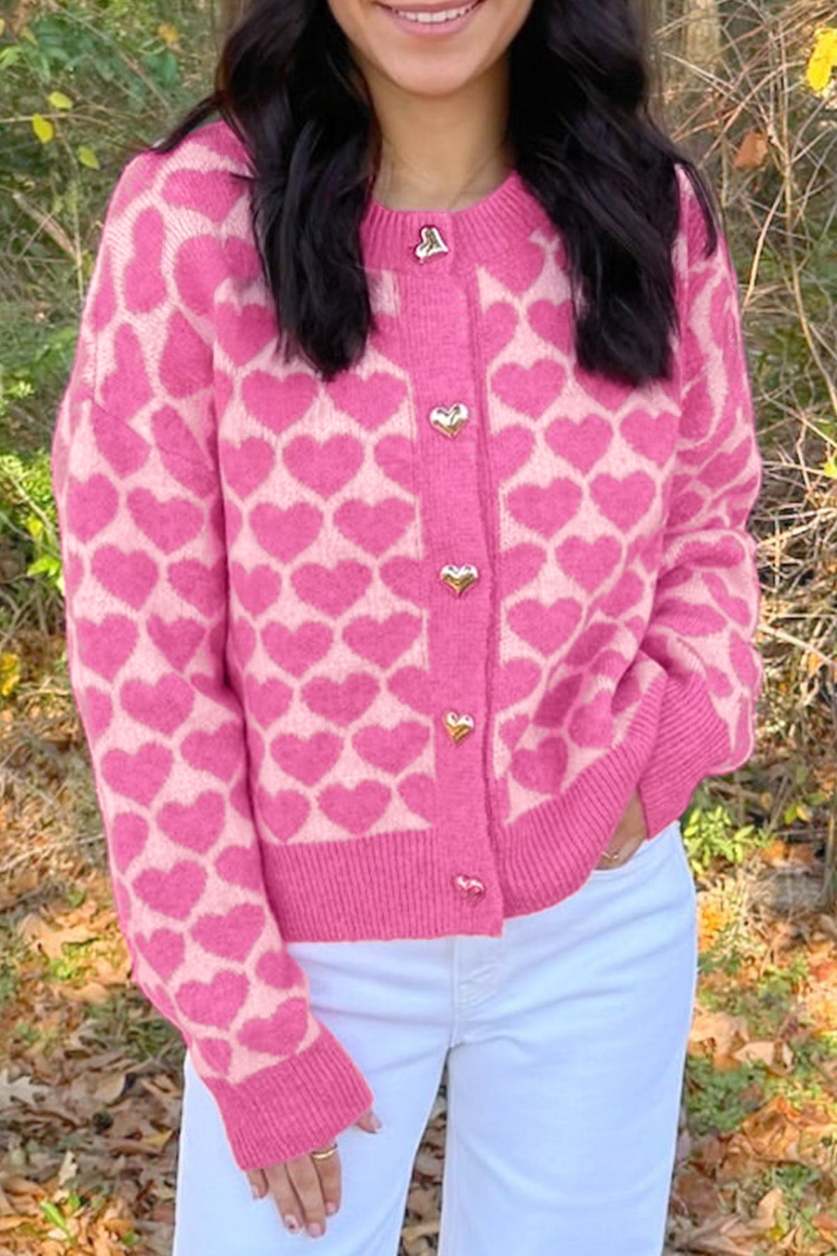 Pink Heart Pattern Drop Shoulder Long Sleeve Button Front Cardigan
