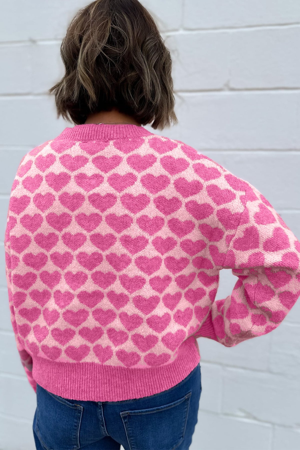 Pink Heart Pattern Drop Shoulder Long Sleeve Button Front Cardigan