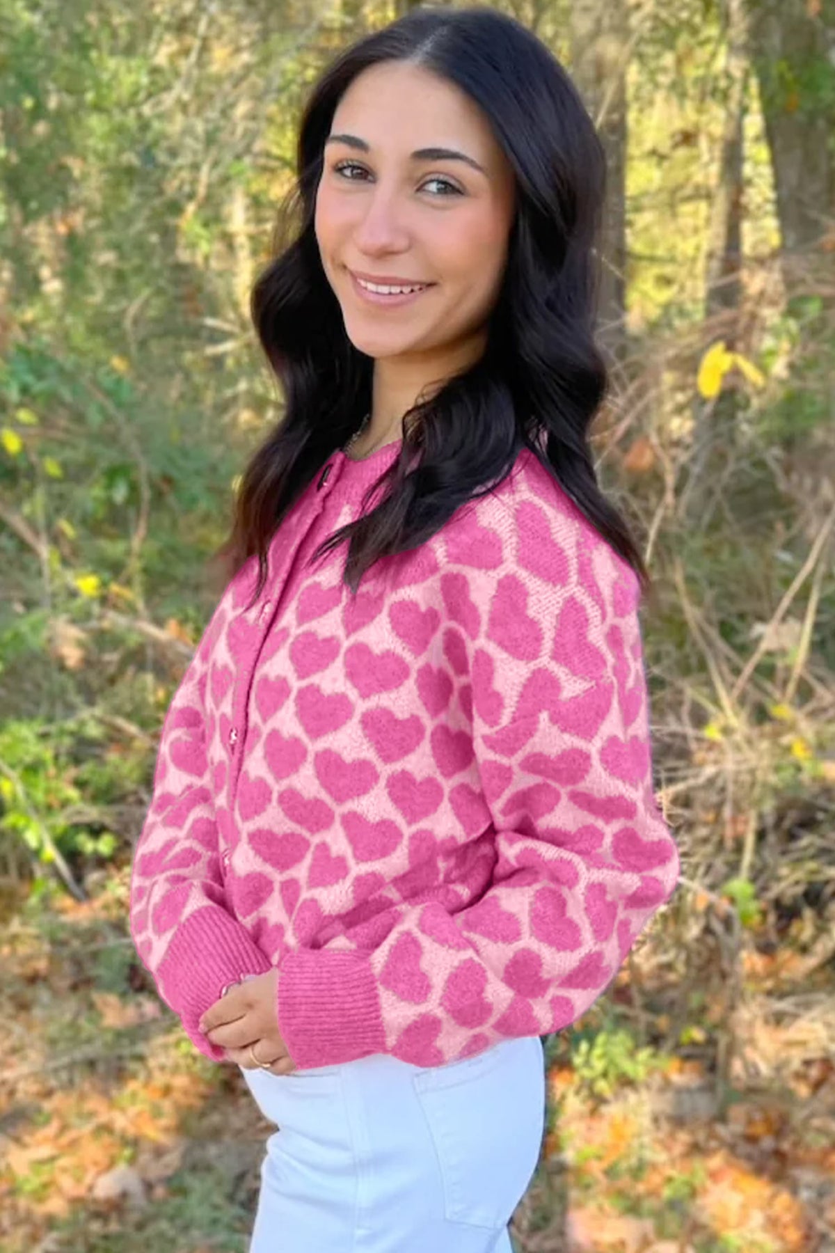 Pink Heart Pattern Drop Shoulder Long Sleeve Button Front Cardigan