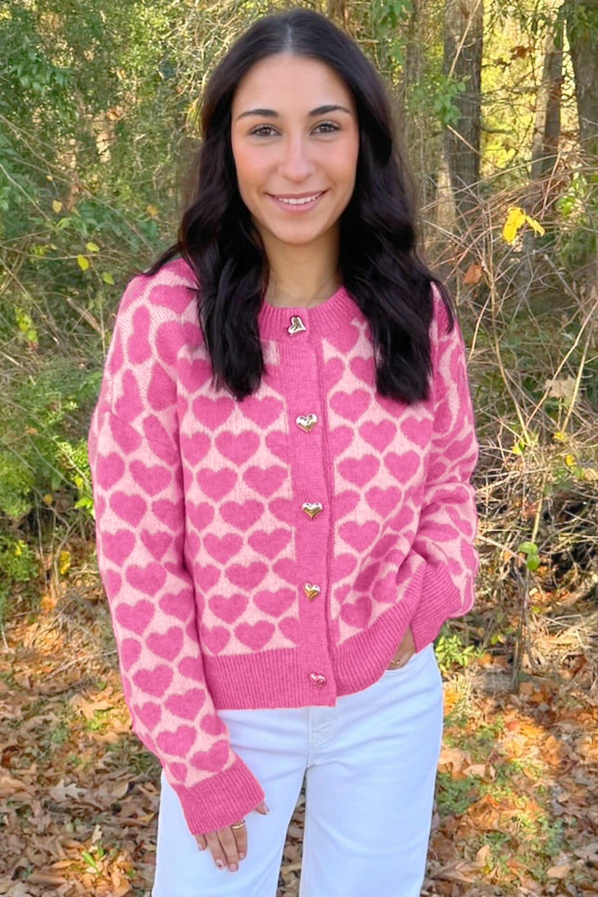 Pink Heart Pattern Drop Shoulder Long Sleeve Button Front Cardigan