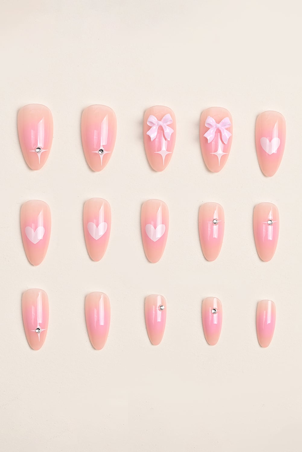 Pink Heart Print Bow Rhinestone Decor Almond Shape False Nail