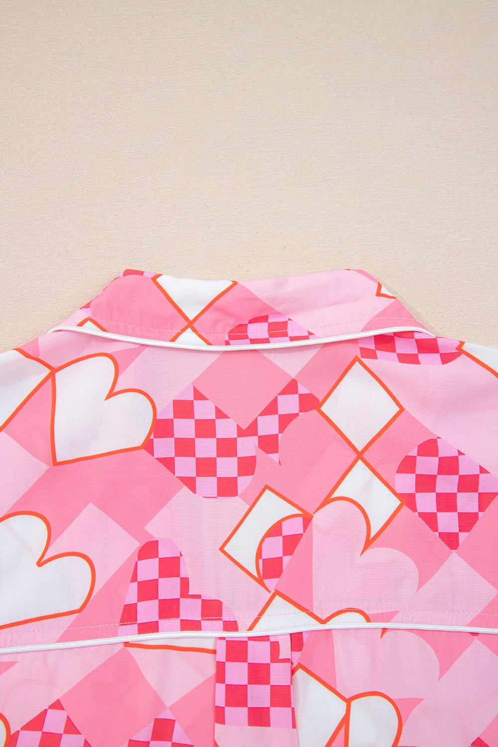 Pink Heart Print Shirt Style Silky Short Pajama Set
