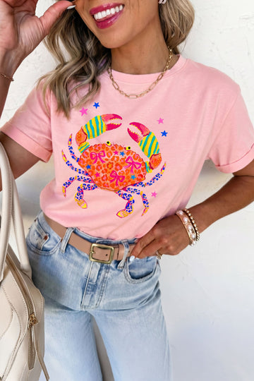 Pink Vibrant Crab Print Casual Round Neck T Shirt