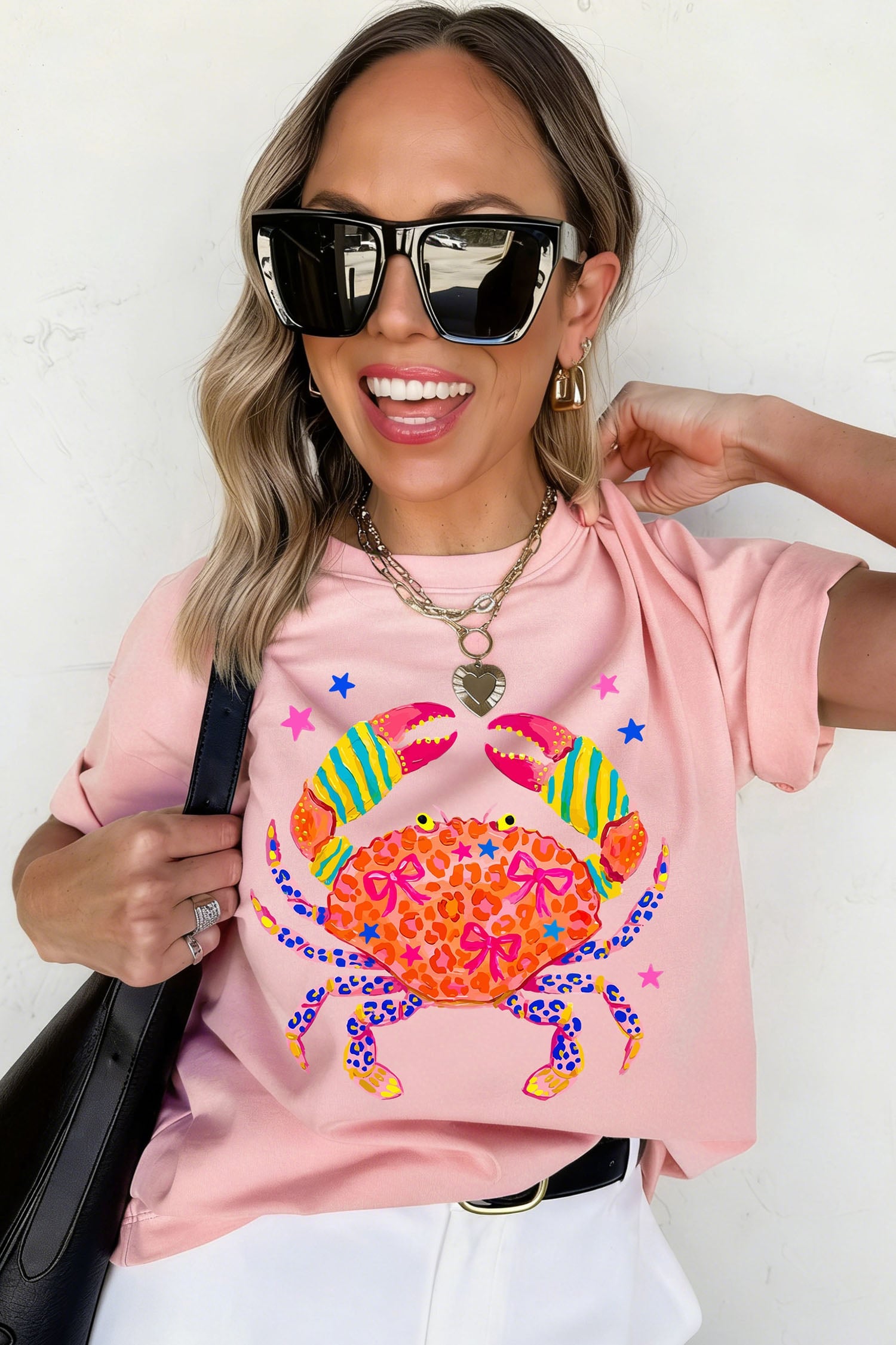 Pink Vibrant Crab Print Casual Round Neck T Shirt