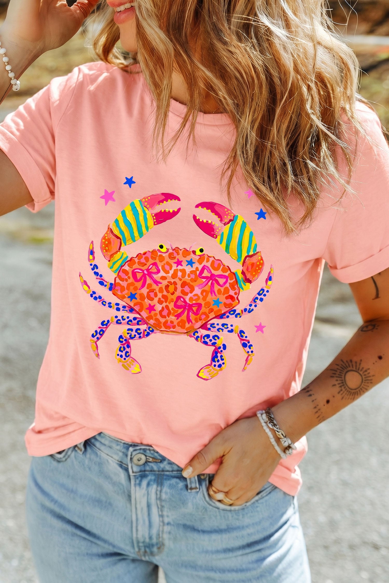 Pink Vibrant Crab Print Casual Round Neck T Shirt