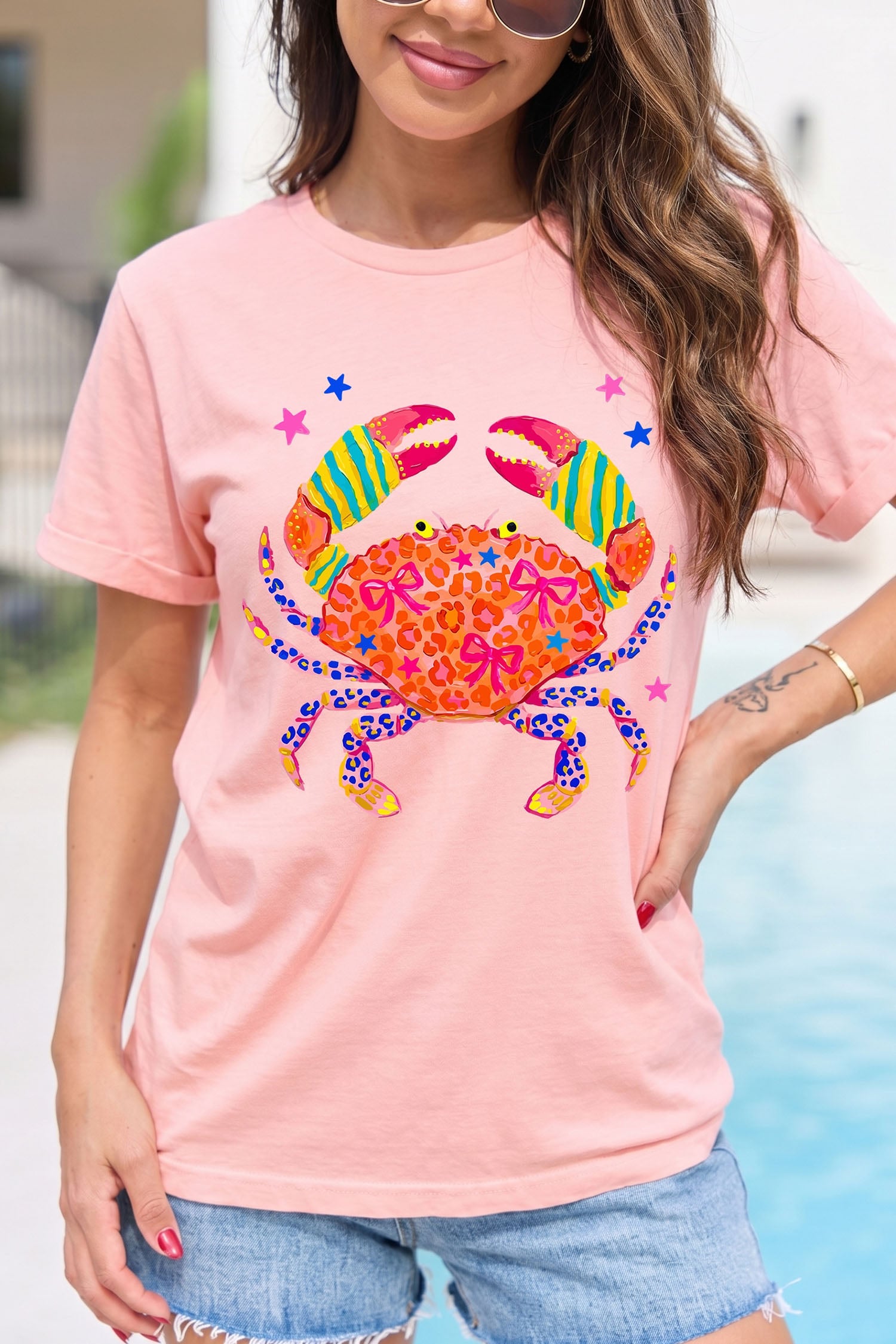 Pink Vibrant Crab Print Casual Round Neck T Shirt