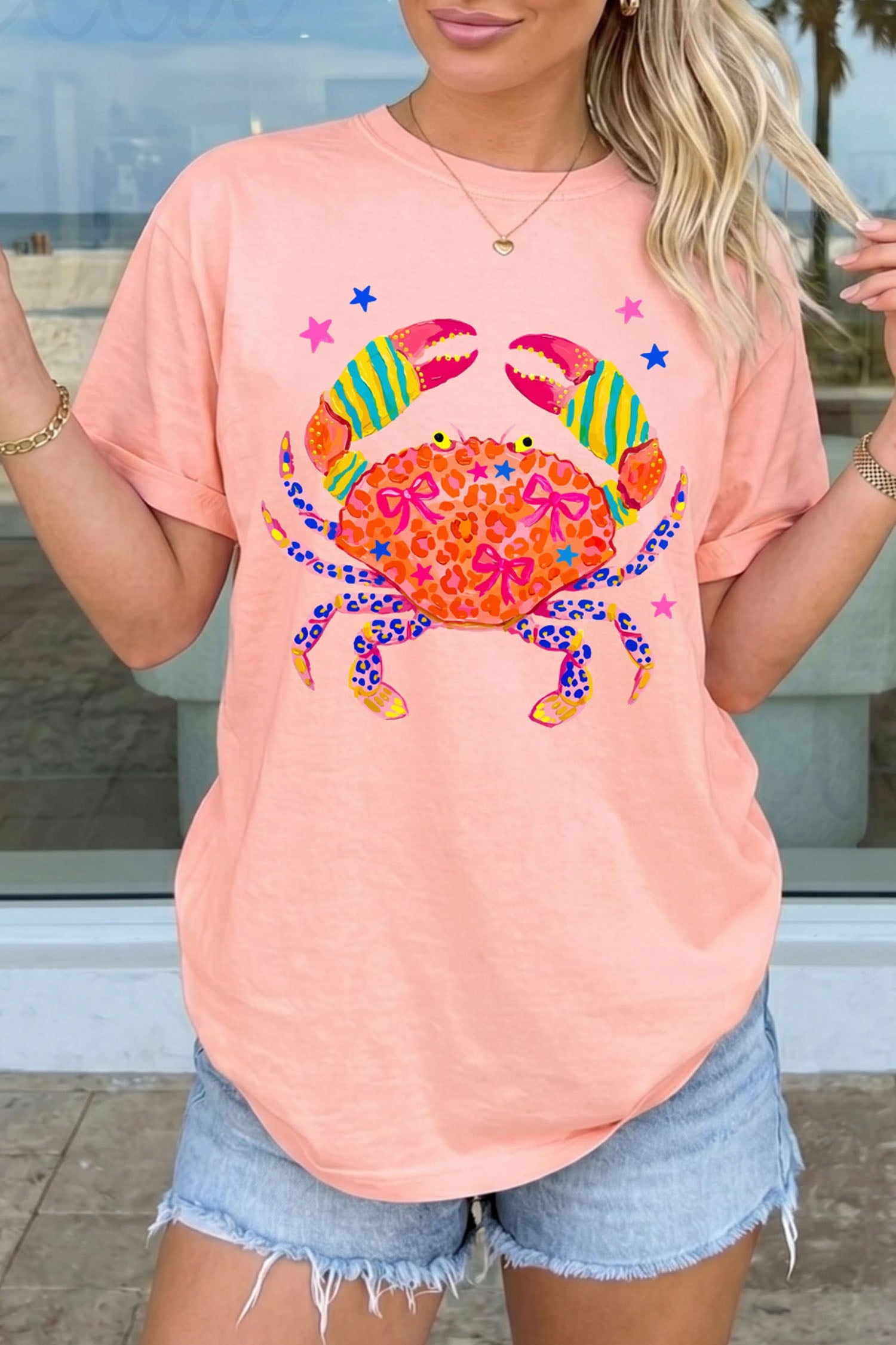 Pink Vibrant Crab Print Casual Round Neck T Shirt