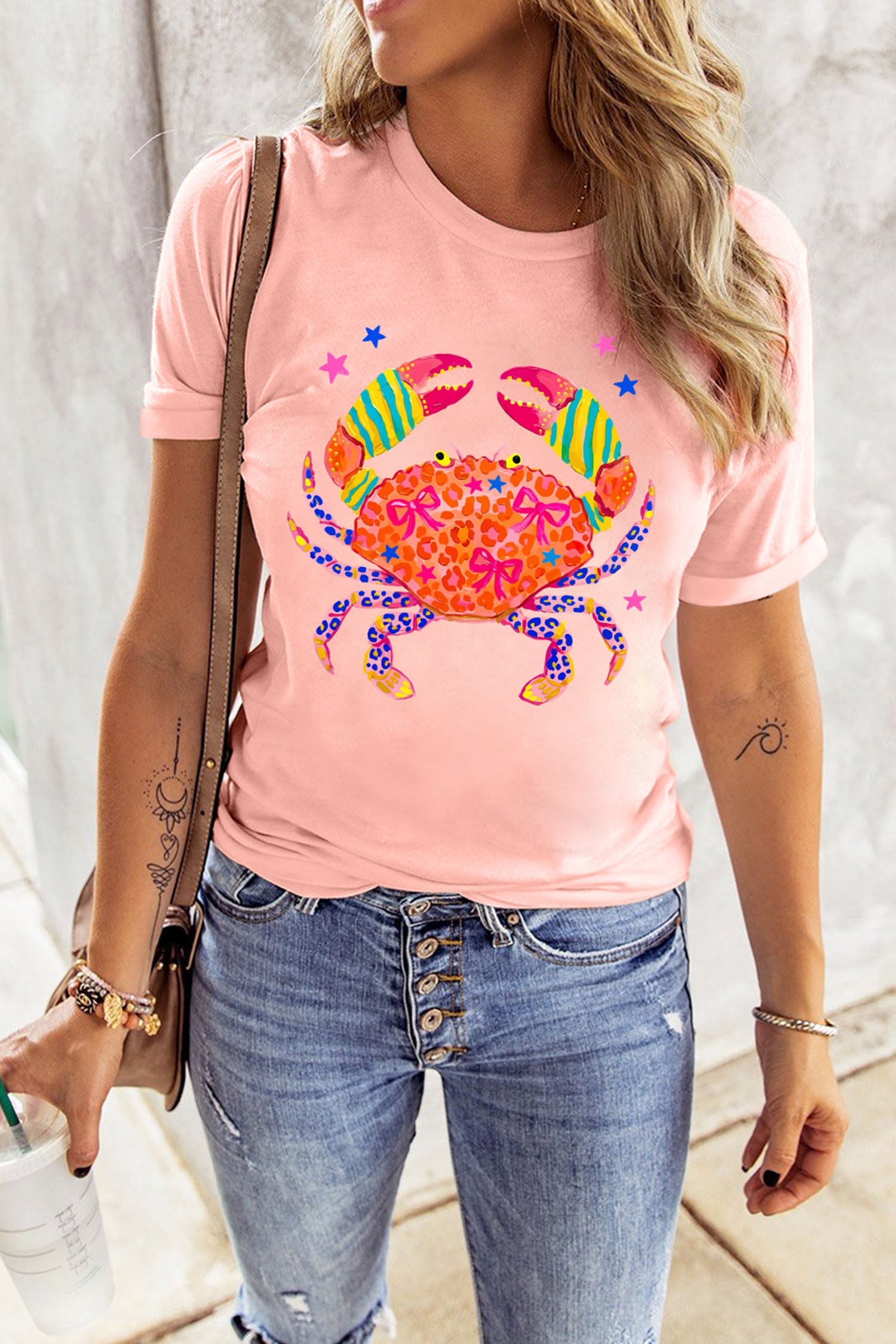 Pink Vibrant Crab Print Casual Round Neck T Shirt