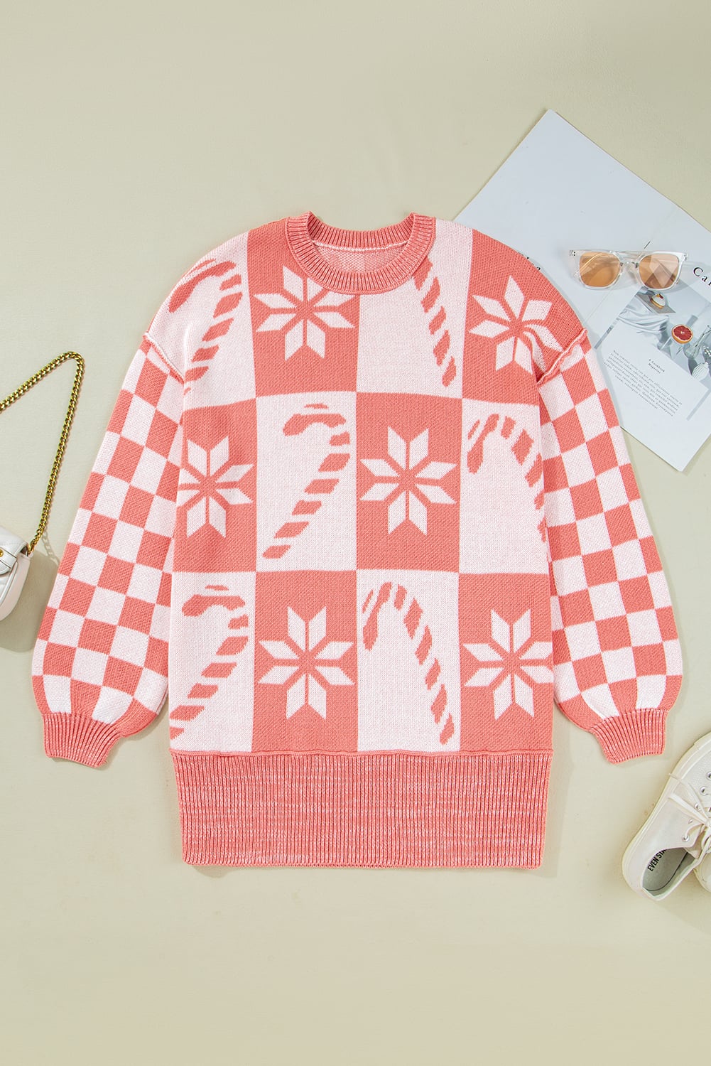 Pink Candycane Snowflake Checker Christmas Holiday Drop Shoulder Tunic Loose Sweater
