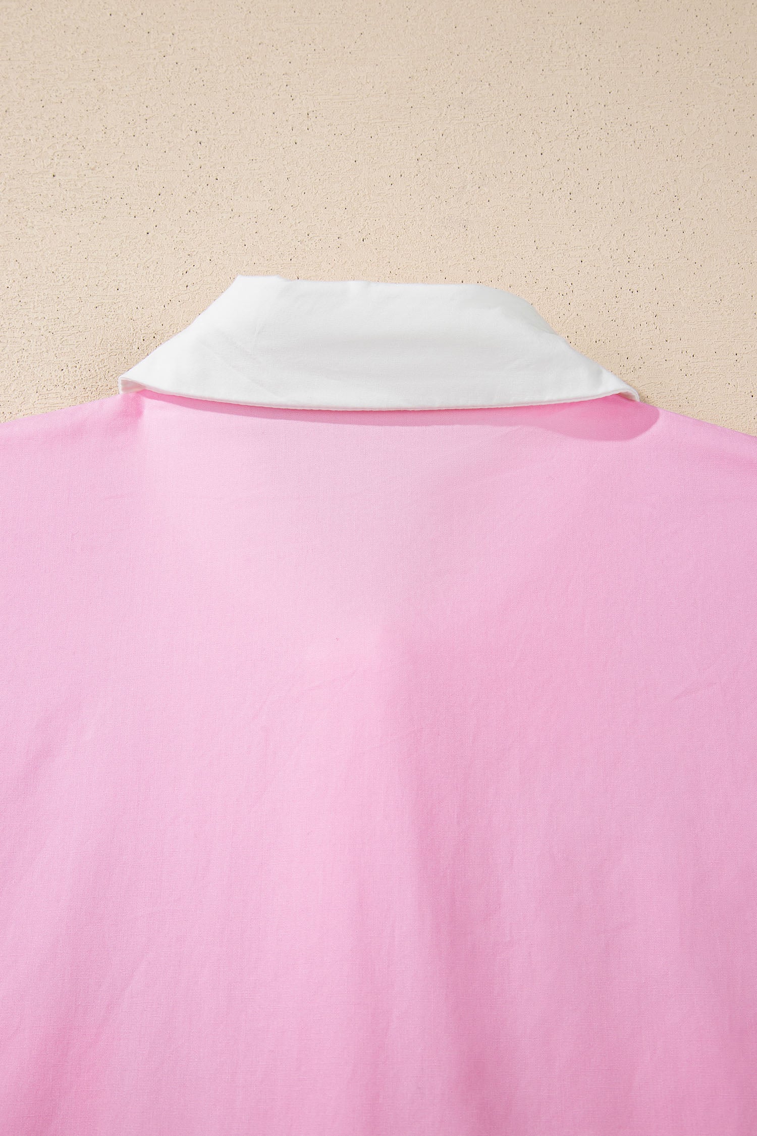 Pink Hollow-out Floral Contrast Patchwork Short Sleeve Button Up Shirt