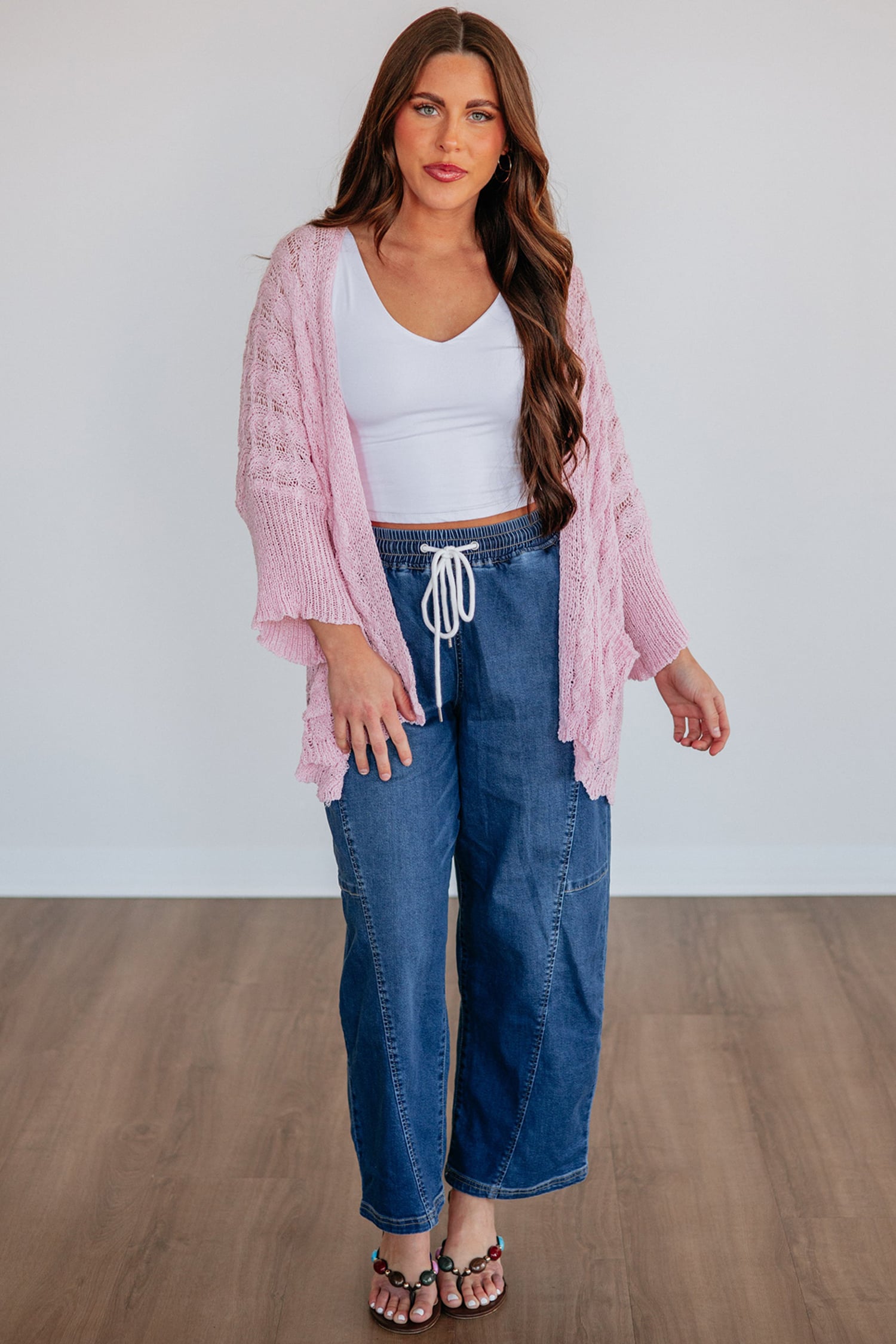 Pink Drop Shoulder Crochet Knit Open Front Cardigan
