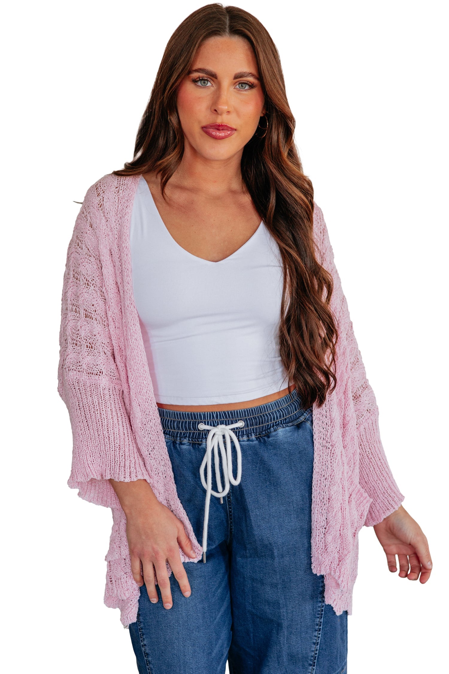 Pink Drop Shoulder Crochet Knit Open Front Cardigan