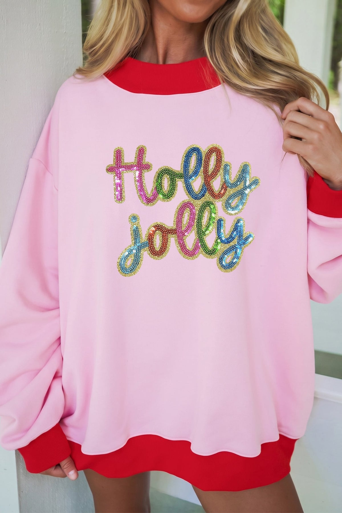 Pink Holly jolly Sequin Christmas Slogan Color Block Trim Mock Neck Sweatshirt