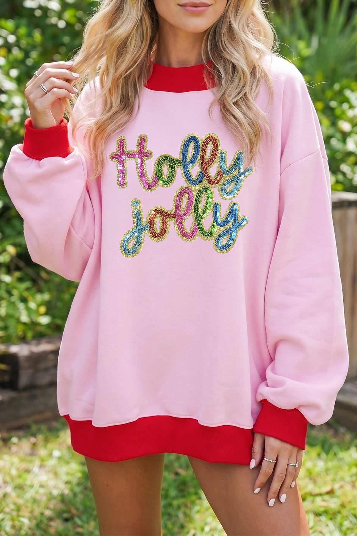 Pink Holly jolly Sequin Christmas Slogan Color Block Trim Mock Neck Sweatshirt