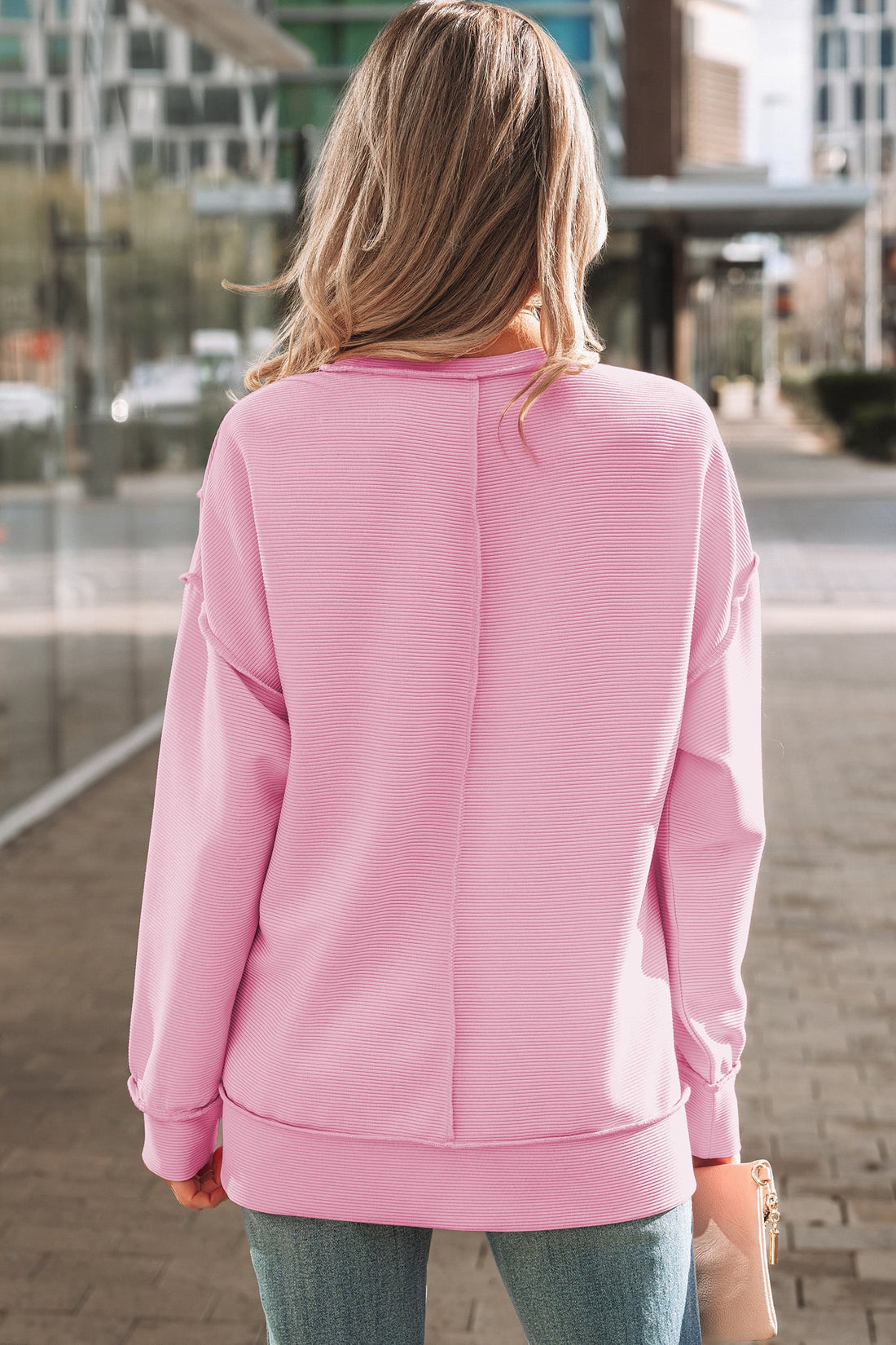 Pink Horizontal Ribbed Exposed Seam Detail Drop Shoulder Baggy Pullover