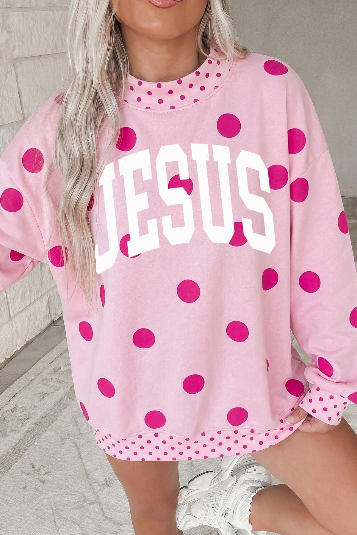 Pink JESUS Christian Slogan Polka Dot Mock Neck Graphic Sweatshirt