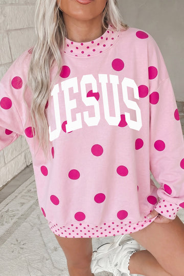 Pink JESUS Christian Slogan Polka Dot Mock Neck Graphic Sweatshirt